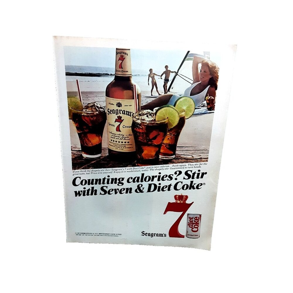 1983 Seagram’s Seven & Diet Coke Counting Calories Vintage Magazine Ad
